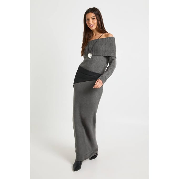 boohoo Dames Premium Oversized Bardot Halslijn Maxi Jumper Jurk | Houtskool | Maat: Medium