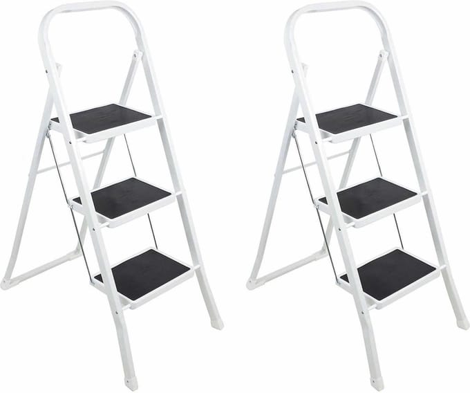 Inklapbare keukentrap - 2x stuks - wit/zwart - 3 treden - 105 cm - huishoudtrap - opvouwbaar