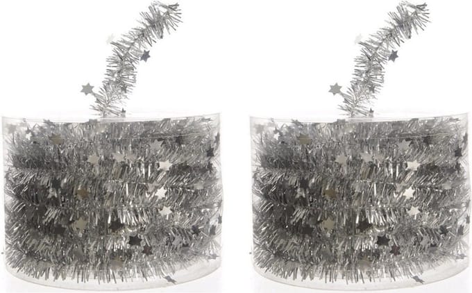 Decoris Kerstslinger - 2x - guirlande - met sterren - zilver - glanzende lametta - 700 cm