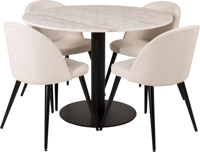 EstelleØ106WHBL eethoek eetkamertafel wit, marmer en 4 Velvet eetkamerstal fluweel beige, zwart.