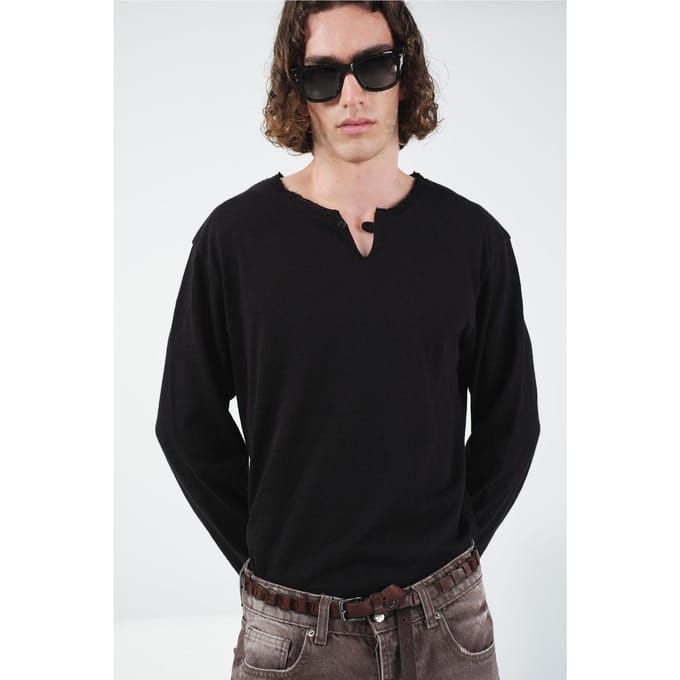 Effen Crewneck Langsleeve Knop T-Shirt