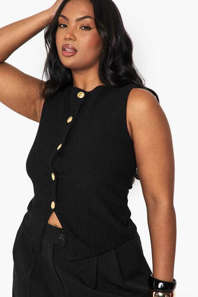 boohoo Dames Plus getextureerd vest met doorlopende knoopsluiting | Zwart | Maat: 56