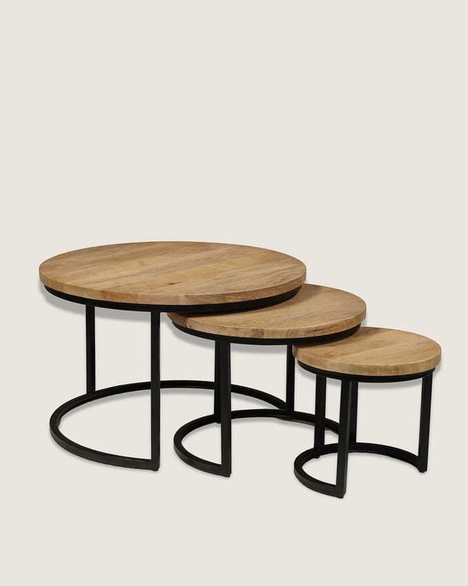 Salontafel Set van 3 Mangohout – Rond – Industrieel