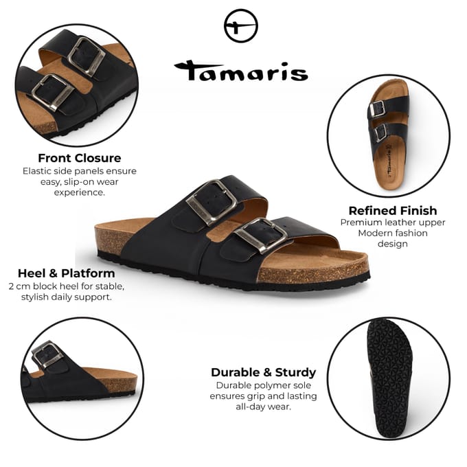 Tamaris herenslippers van zwart leer met instapzool en voetbed.
