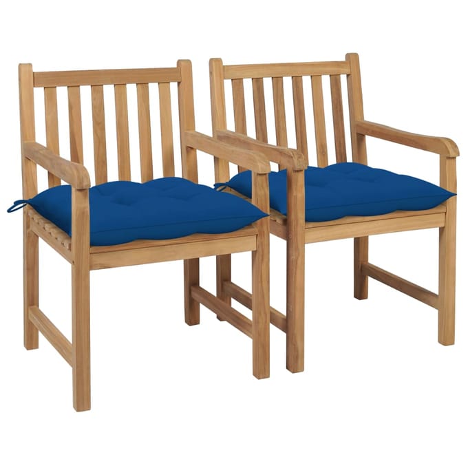 vidaXL - Tuinstoelen - 2 - st - met - blauwe - kussens - massief - teakhout