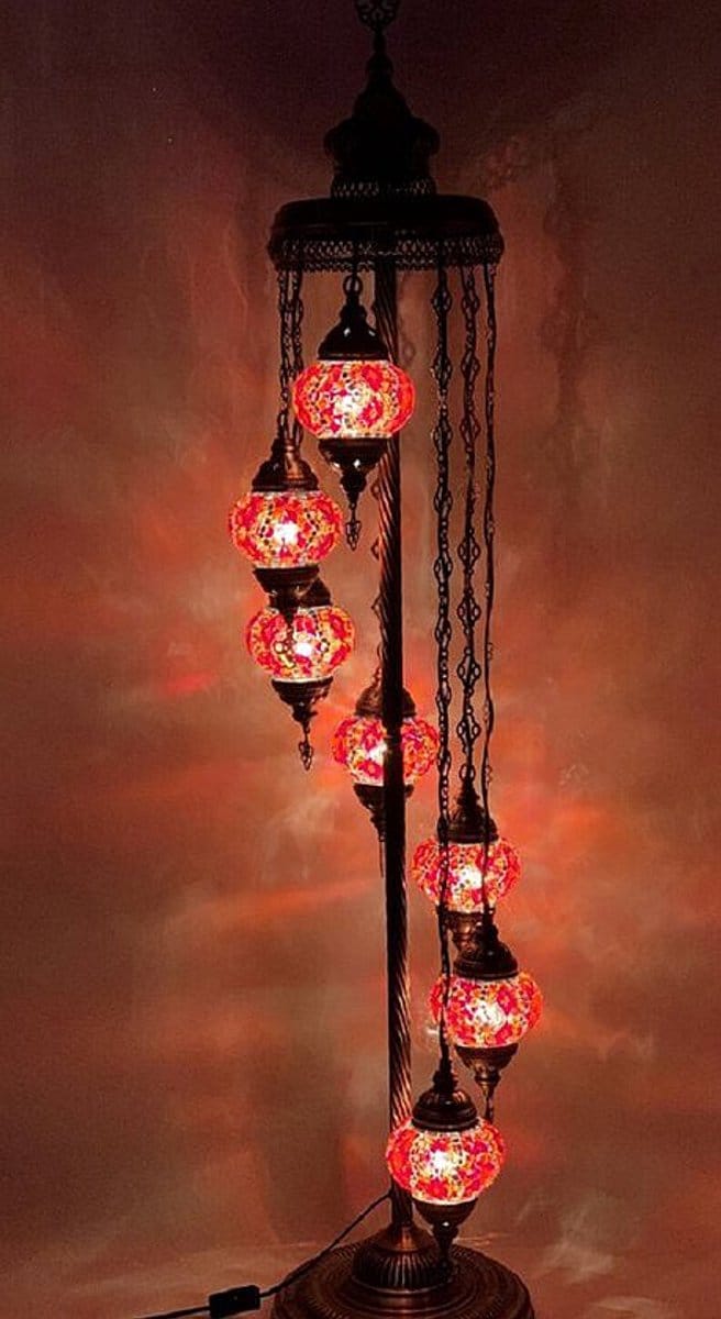Turkse vloerlamp 7 bollen rood - handgemaakte mozaïeklamp - hoogte 160 cm - E-14 fitting