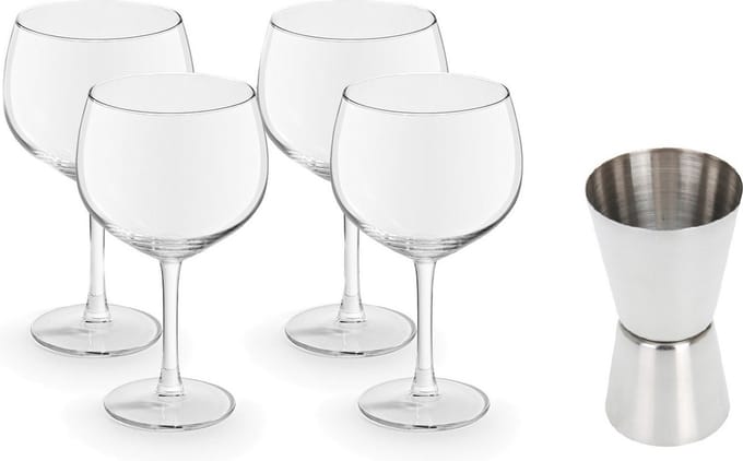4x Gin Tonic / cocktail glazen transparant 650 ml - Met RVS maatbeker / barmaatje 2-in-1 15/30 ml