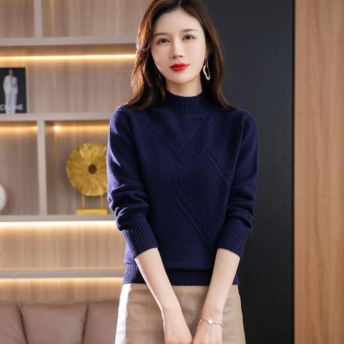 Pull d'Automne et d'Hiver à Col Semi-Montant Court Mode Ample Tricot Épais Base 2XL naval