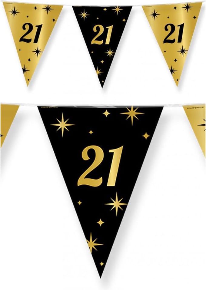 21 jaar Leeftijd verjaardag vlaggetjes - zwart/goud - 10 meter - versiering - feestartikelen