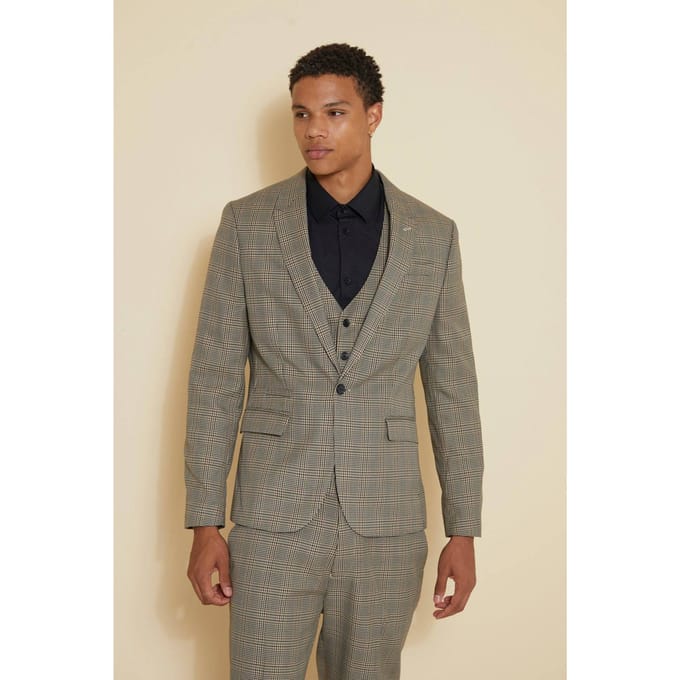 Slim Single Breasted Check Suit Jacket | Brown | Size 48R