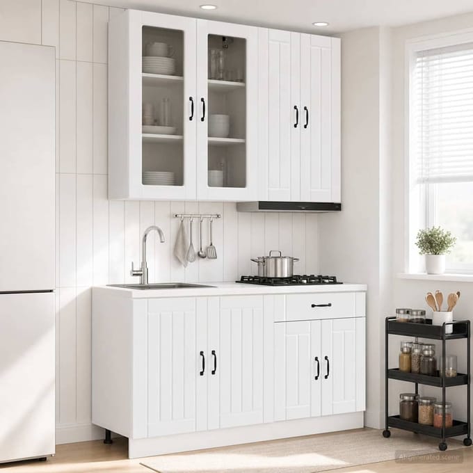 vidaXL - Keukenblok - LUCCA - 4 - st - Hoogglans - Wit - Bewerkt - hout