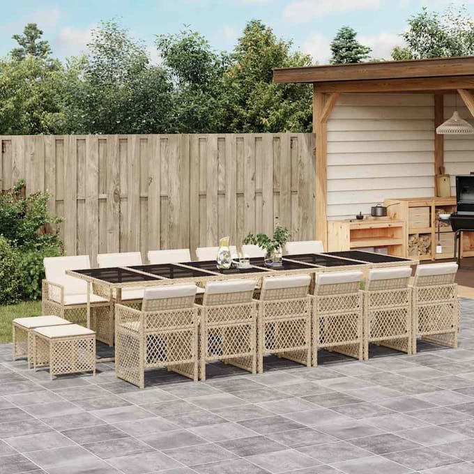 vidaXL - 17-delige - Tuinset - met - kussens - poly - rattan - beige