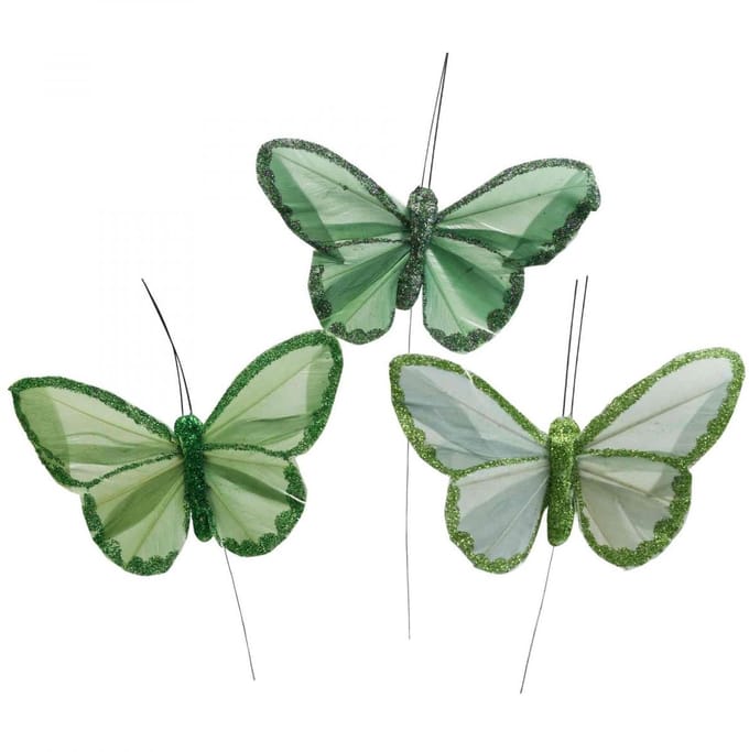 Decoratieve vlinders groene veervlinders op draad 10cm 12 st, 12 Stück