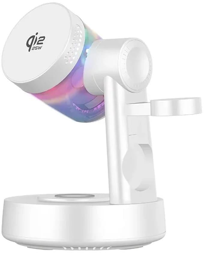 DrPhone AudioDock 3-in-1 Draadloze Oplader 25W - Magnetisch Laadstation - Bluetooth Speaker - Wit