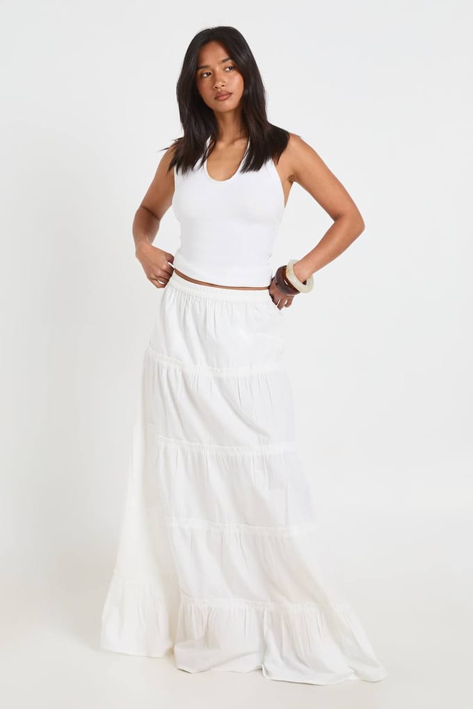 boohoo Dames Petite Gelaagde Katoenen Popeline Maxi Rok | Wit | Maat: 44
