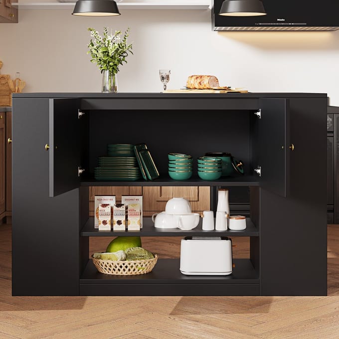 MODFU Keukeneiland - Met Klapbaar Tafelblad En Opbergruimte - Modern - MDF - Zwart - 140 X 40 X 90 Cm