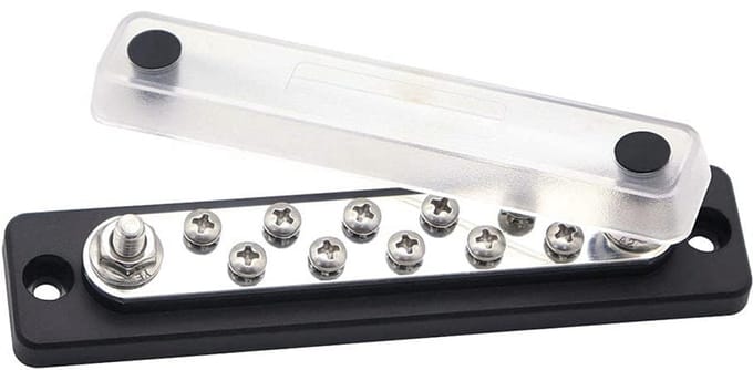 Busbar met 10 Aansluitpunten en 2 Stroomingangsterminals - 150A - Polycarbonaat - Met Tinplating