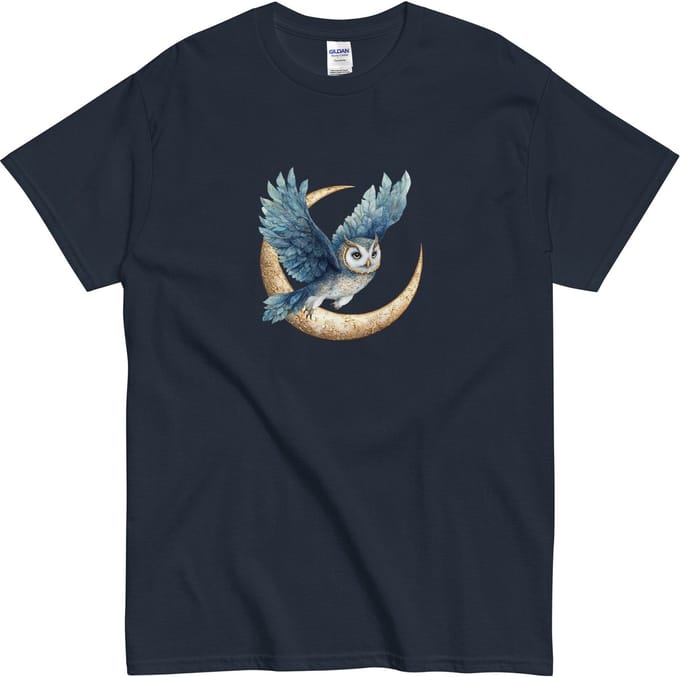 Tshirt met Maan en Uil - Magisch en Dromerig Design - Dames Heren - Blauw - 3XL