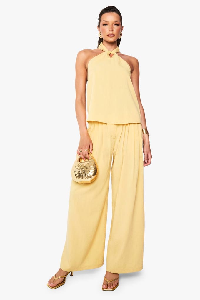 boohoo Dames Linnen Look Palazzo Broeken | Okergeel | Maat: 34