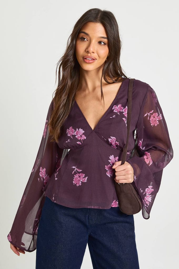boohoo Dames Bloemen Chiffon Engelenmouw Blouse | Fig | Maat: 6