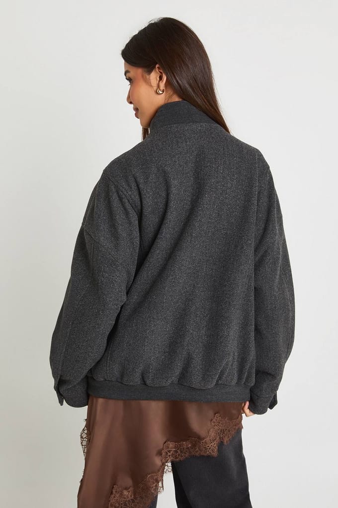 boohoo Dames Trechter Hals Wollen Look Bomber Jas | Charcoal | Maat: 16