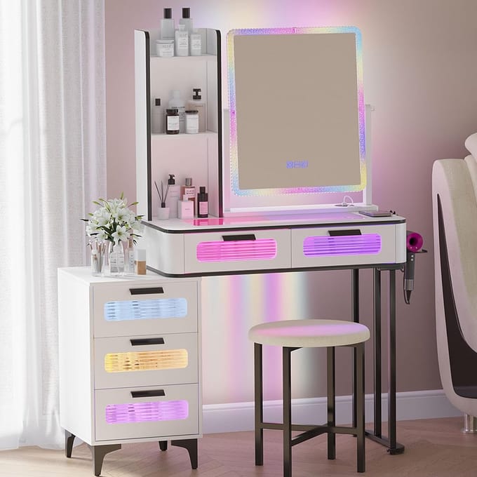 Verlichte Make-up Tafel met Spiegel, Kruk en Royale Opbergruimte