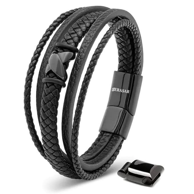 SERASAR Lederen Herenpolsbandje [Flake] - Zwart 17cm - Geweldig-Idee