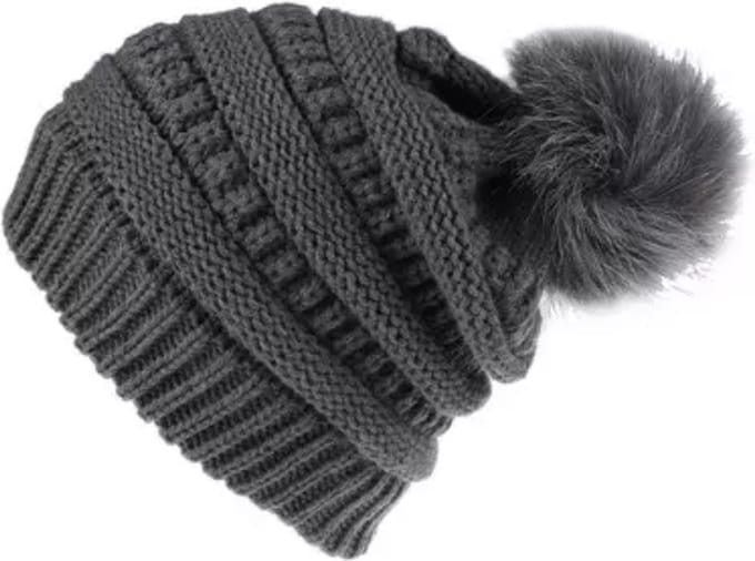 ASTRADAVI Pom Beanie Hat - Muts - Dames Pompon Muts - Warme Winter Mutsen - Skimutsen - Donker Grijs