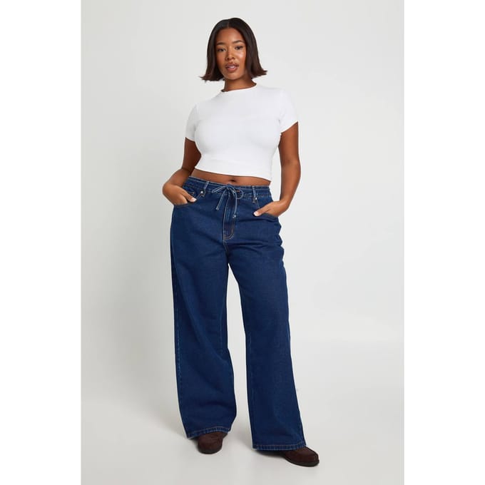 boohoo Dames Plus Elastische Achterkant Strikband Trekkoord Rechte Pijp Jeans | Indigo | Maat: 52