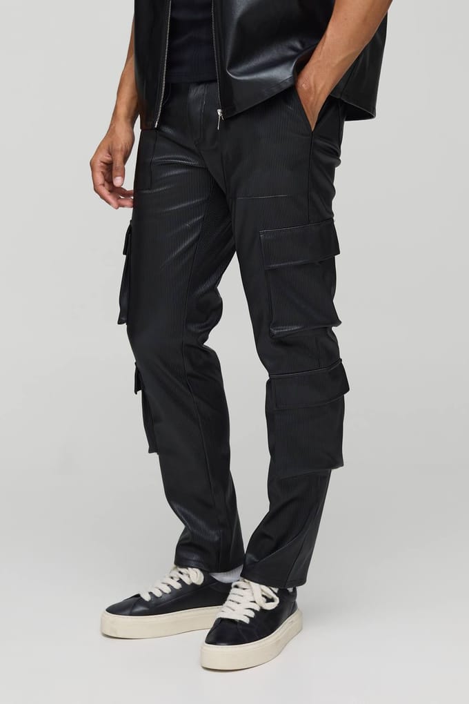 Vaste taille geplooide PU skinny cargo-broek | Black | Size 36