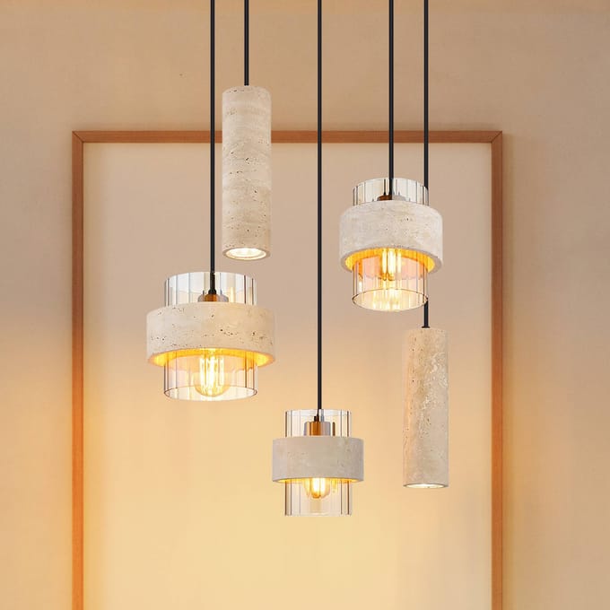 Globo Hanglamp Daren, 5-lamps, beige/amber/zwart, E27 + GU10