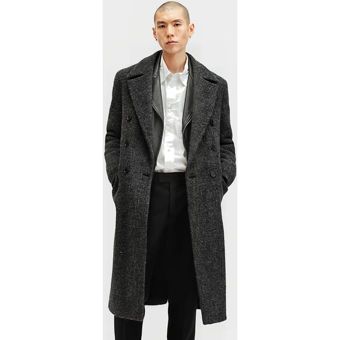 AllSaints Adler Coat Charcoal Grey Größe: 34 | Zweireihige Mäntel Outlet | Herren | Schwarz