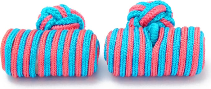 Manchetknopen - Zijden Knoop met Blauw en Roze Cilinder