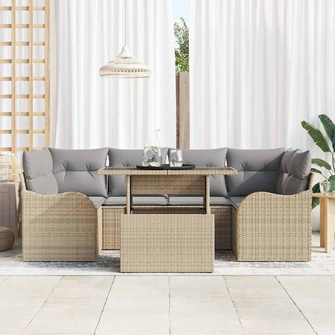vidaXL - Tuinbank - Set - 7 - st - 6-Aantal - zitplaatsen - Beige - Poly - Riet