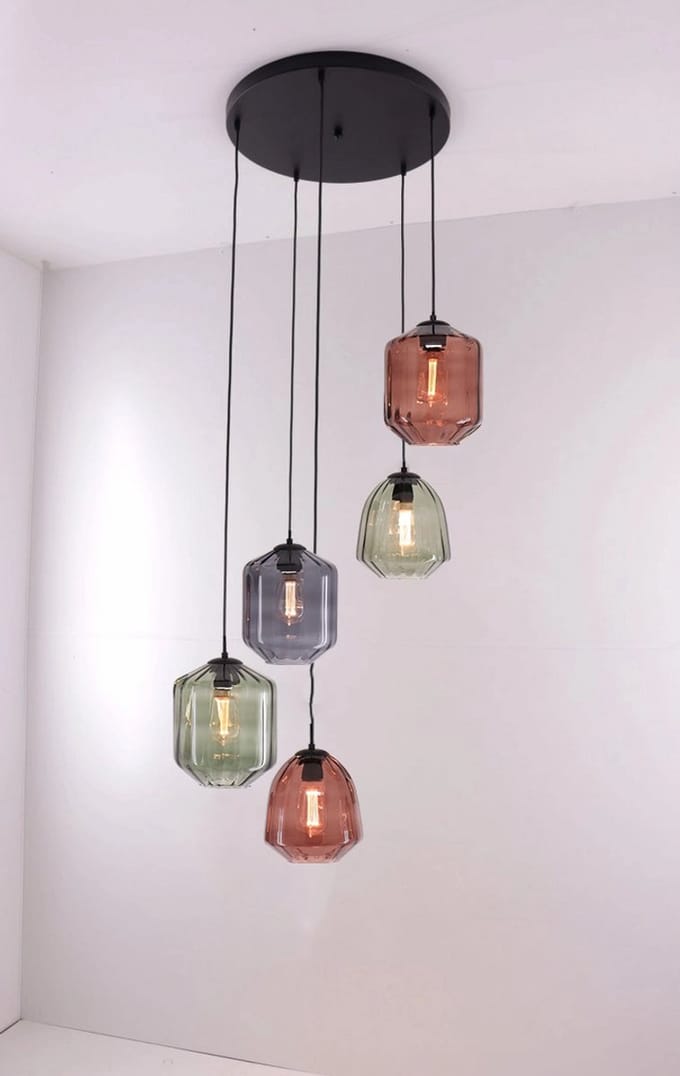 Hanglamp Videlamp 5 hangers gekleurd glas 380cm