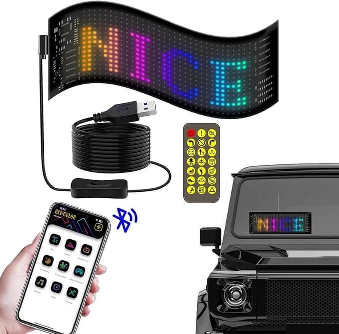 Flexibel LED-display, LED-looptekst, programmeerbaar met Bluetooth-app-bediening, USB-aangedreven LED-display voor auto, vrachtwagen, winkel, bar, graffiti, animatie (70 * 173 mm)
