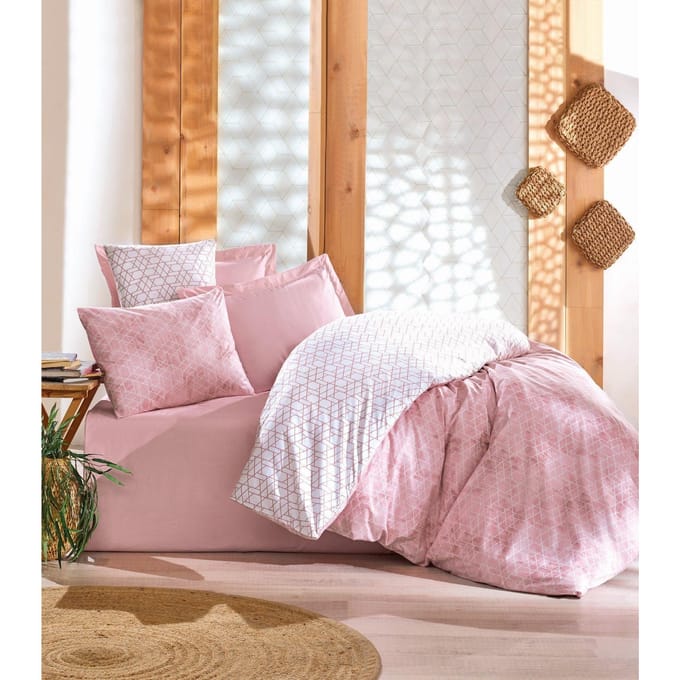 Parure de lit - 1 housse de couette 140 x 200 cm + 2 taies d'oreiller 60 x 60 cm - 100% coton renforcé - Rose