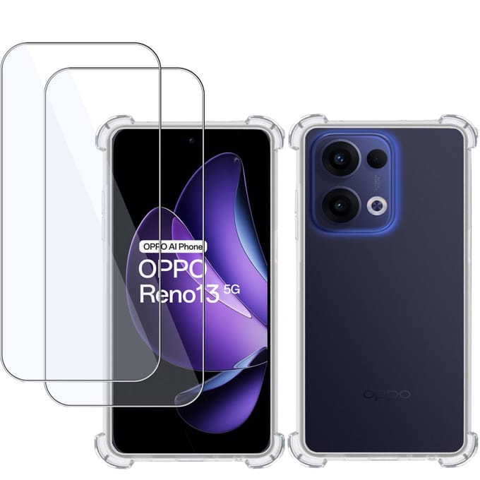 TechNow Hoesje + 2x Screenprotector geschikt voor OPPO Reno 13 – Tempered Glass - Extreme Shock Case Transparant