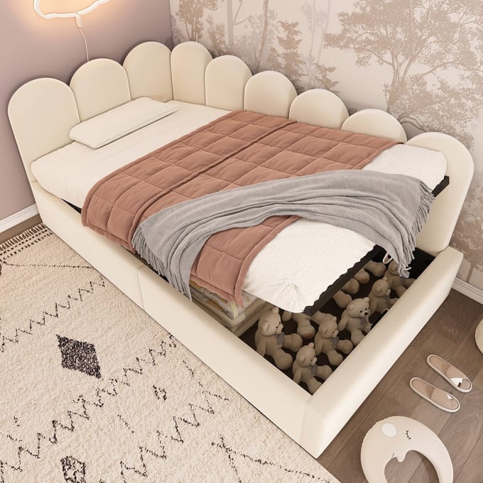 Kinderbed Met Opbergruimte - Gestoffeerd Dagbed 90x200 Beige Fluweel Hydraulisch