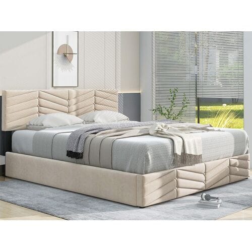 ModernLuxe Fluwelen opbergbed met lattenbodem + verstelbaar hoofdeinde - 140x200cm - Beige