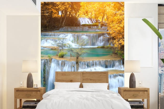 Behang - Fotobehang Waterval - Herfst - Bomen - Bruin - Water - Breedte 165 cm x hoogte 220 cm