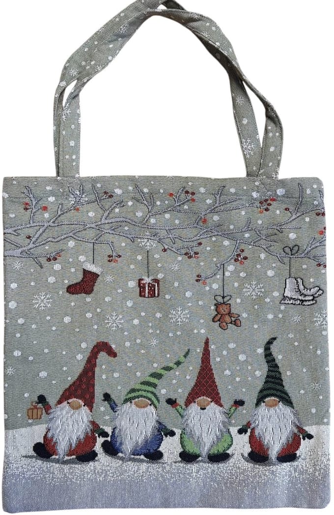 Boodschappentas -Kerst - 4 Wichtels met cadeau slinger - 45 x 45 cm