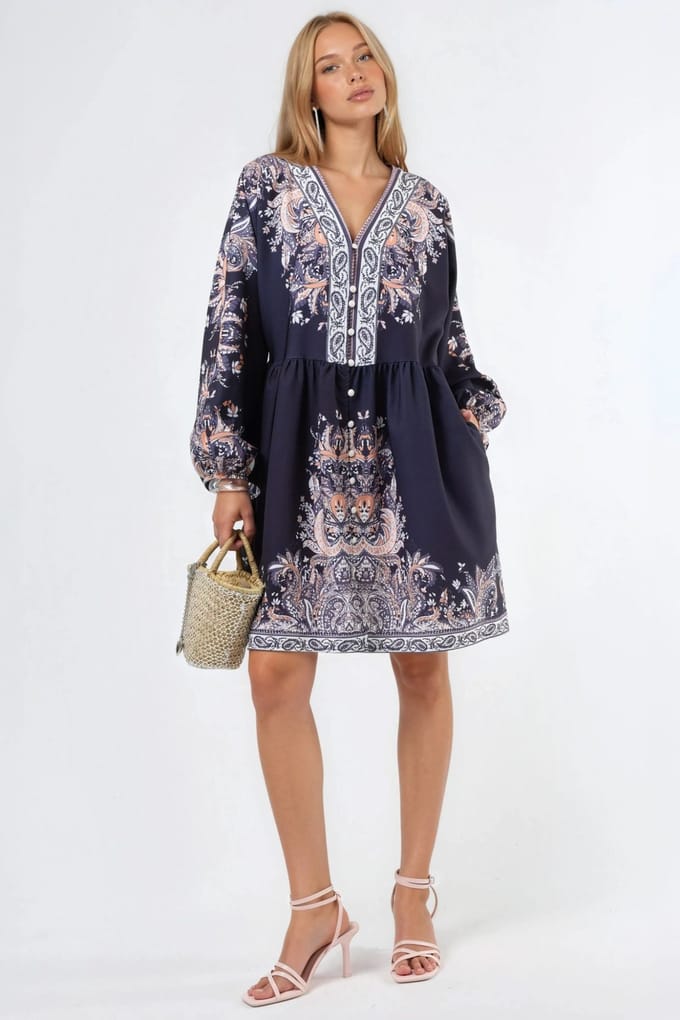 Gestrikt Mini-Jurk met V-hals in Paisley