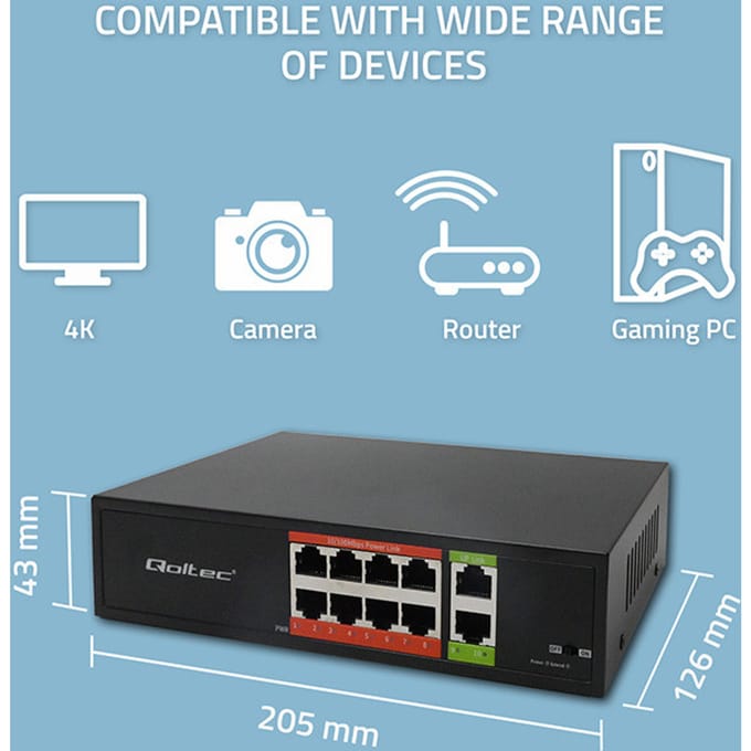 Qoltec SWITCH Netwerkswitch Fast Ethernet PoE |   8x RJ45 |   2x RJ45 Uplink |   120W |   10/100 MB/s
