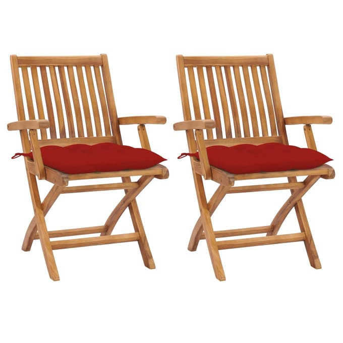 vidaXL - Inklapbare - stoelen - 2 - st - met - rode - kussens - massief - teakhout