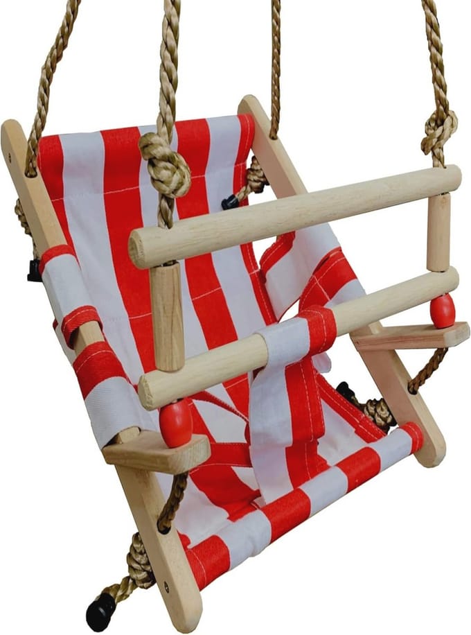 Houten en stoffen babyschommel in rood/wit