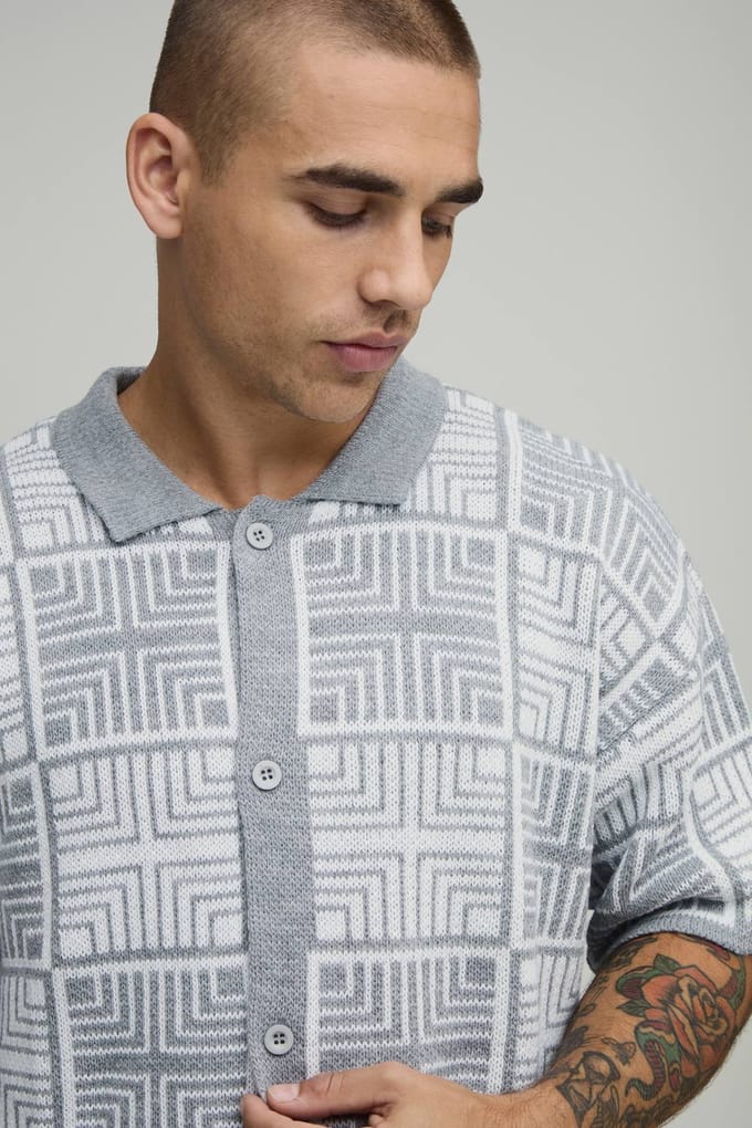 Boxy Fit Square Tapestry Button Up Knitted Shirt | Grey | Size Medium