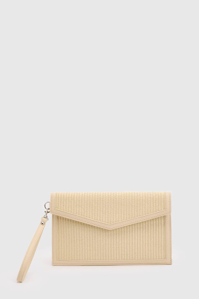 boohoo Dames Contrasterende Raffia Clutch Met Afneembaar Handvat | Creme