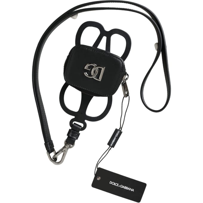 Zwarte Kalfsleer DG Logo Muntportemonnee Lanyard Wallet