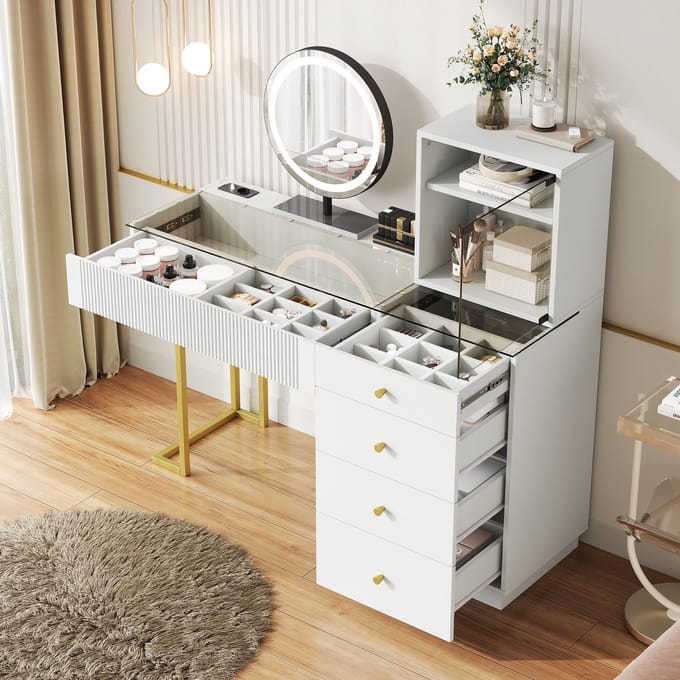 MODFU Kaptafel - Led-Spiegel En 5 Laden - Modern - MDF En Glas - Wit - 120 X 40 X 120 Cm